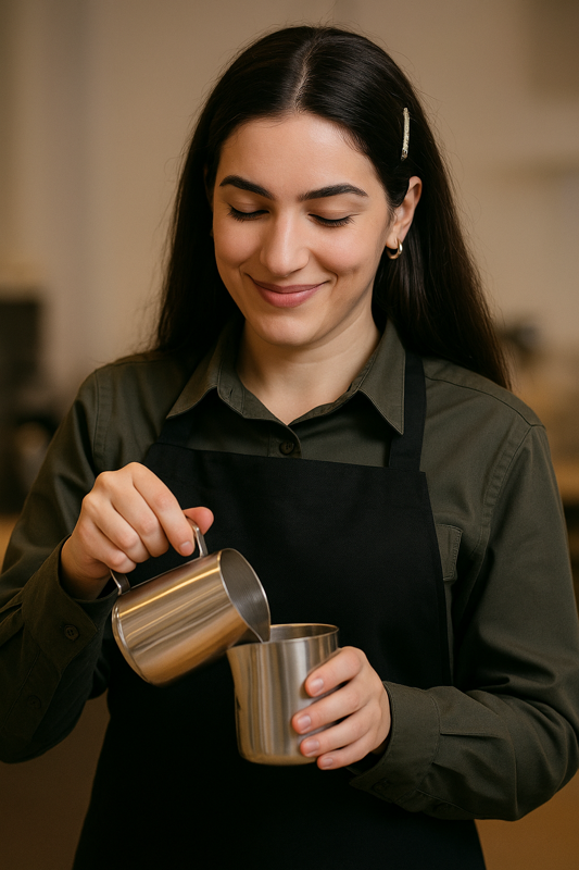 SCA trainer Maryam Tabatabaei skillfully pouring latte art during a hands-on barista training course.