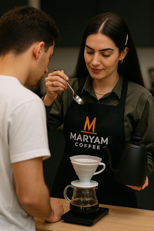 A student receiving one-on-one guidance during a professional coffee training and CVA certification class.