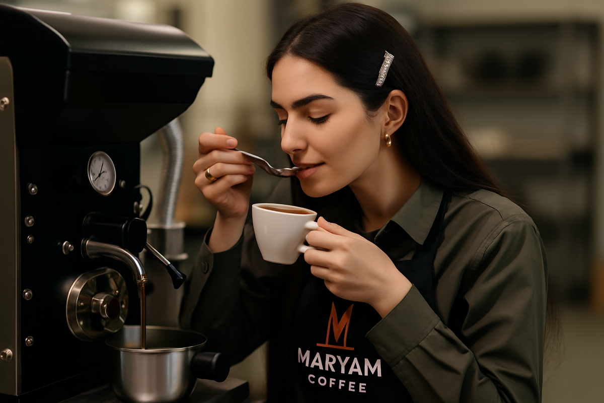 Maryam demonstrating how to evaluate coffee aroma in the sensory skills foundation course.