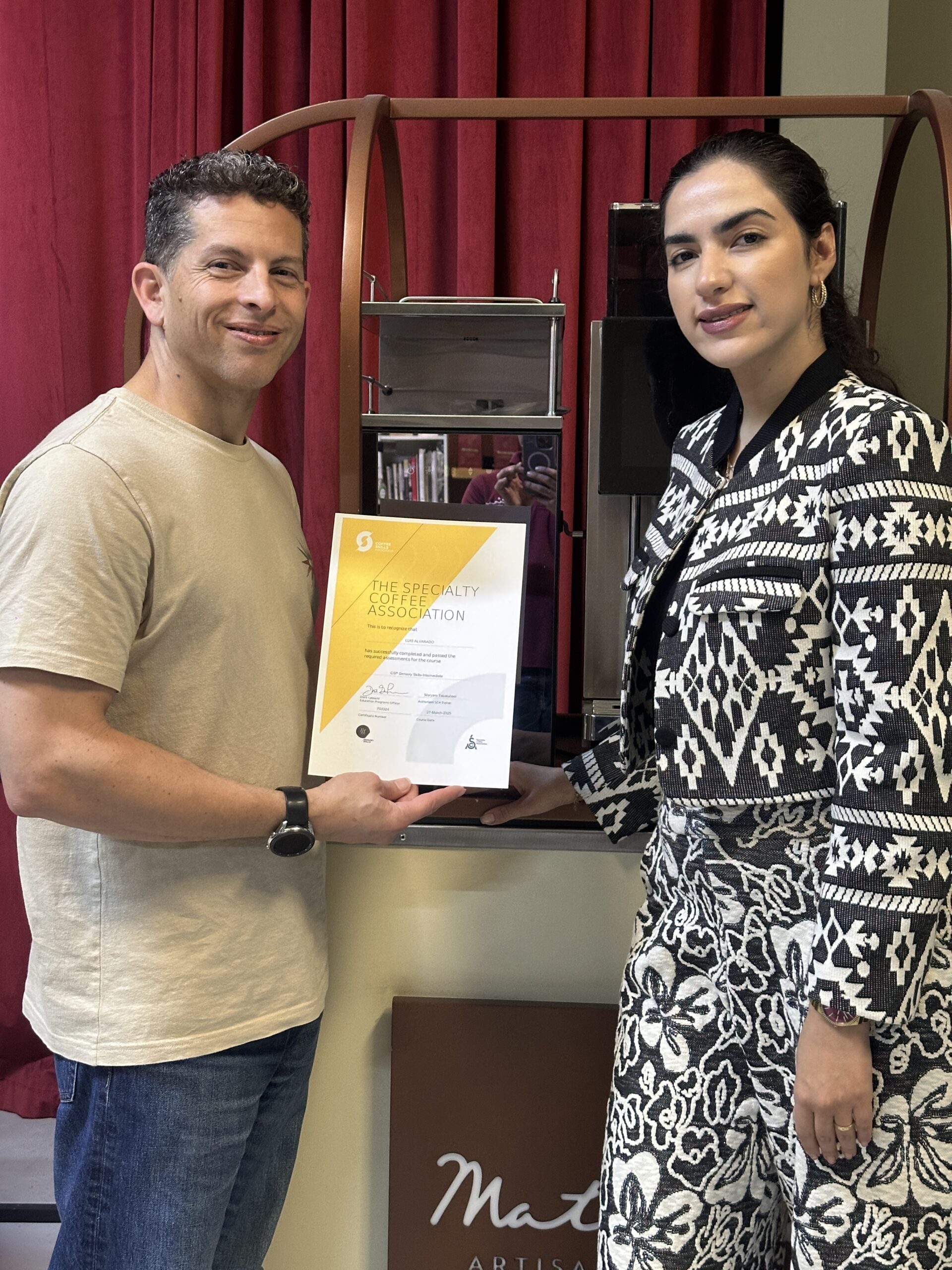 Official certificate for a course completed with Authorized SCA Trainer Maryam Tabatabaei.