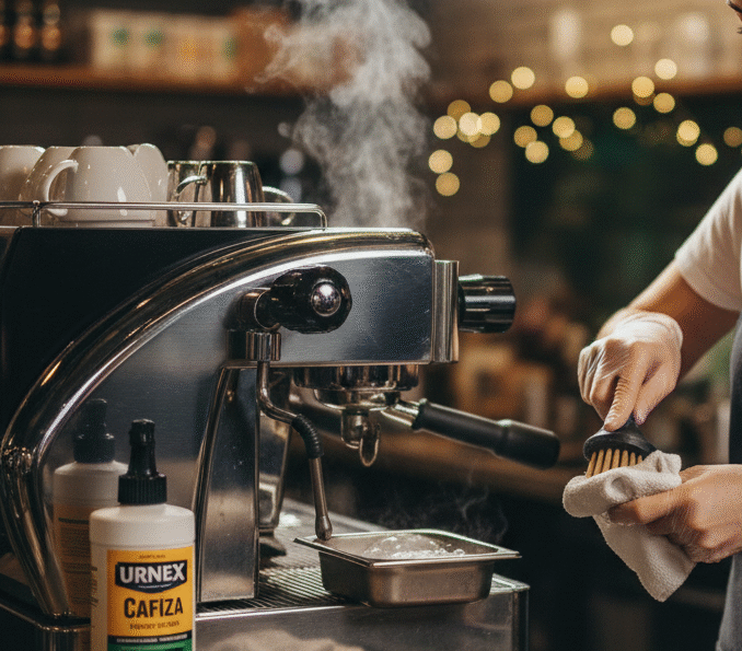 A barista performing routine coffee machine preventive maintenance, cleaning the group head and steam wand, with various cleaning tools visible.