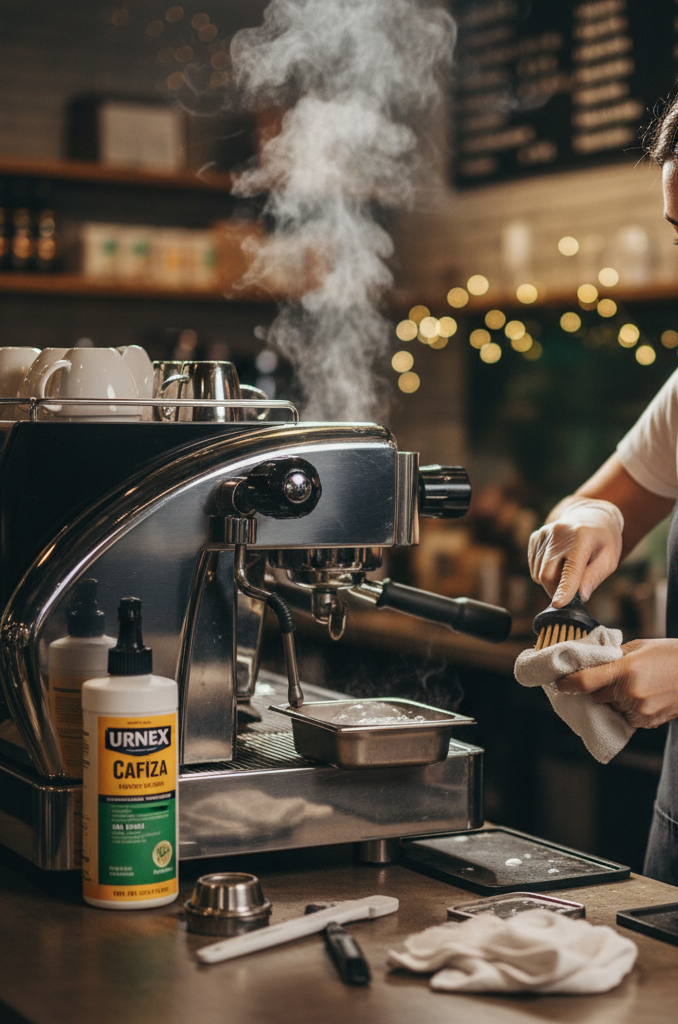 A barista performing routine coffee machine preventive maintenance, cleaning the group head and steam wand, with various cleaning tools visible.