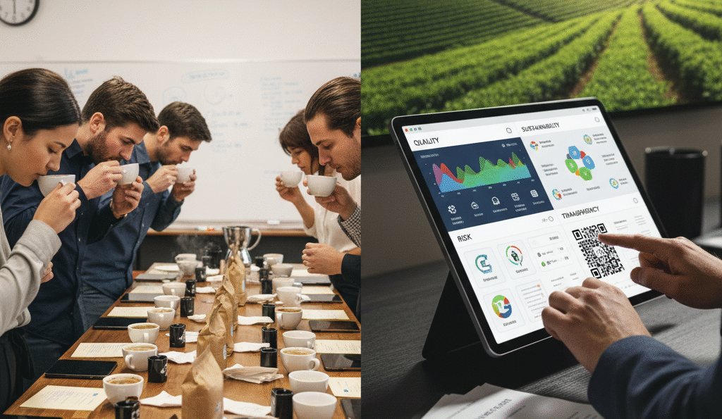 A chart comparing CVA vs Q SCA, showing CVA's four pillars (Quality, Sustainability, Transparency, Risk) versus Q SCA's focus on sensory analysis.