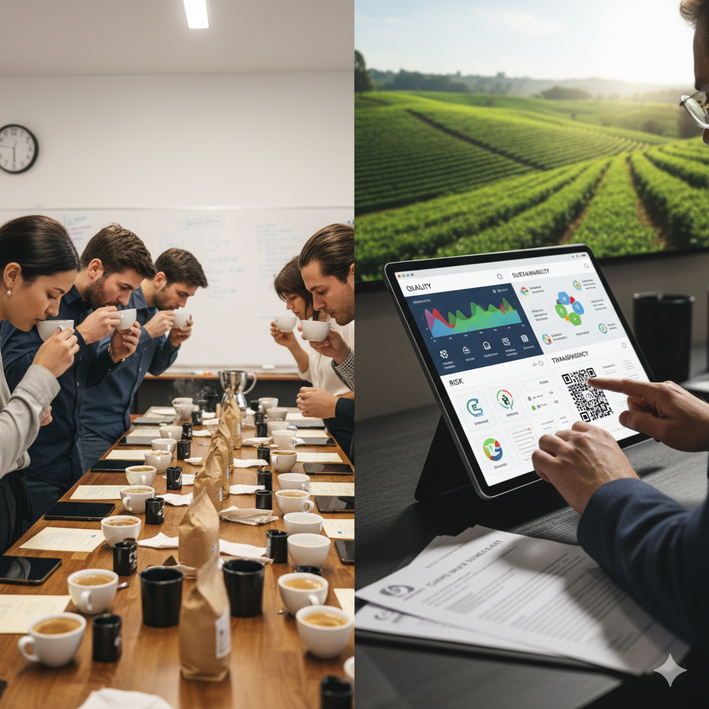 A chart comparing CVA vs Q SCA, showing CVA's four pillars (Quality, Sustainability, Transparency, Risk) versus Q SCA's focus on sensory analysis.