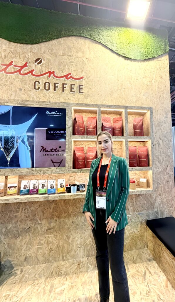 Maryam Tabatabaei showcasing Gulfood Coffee Trends 2026 at the Mattina Coffee exhibition booth.