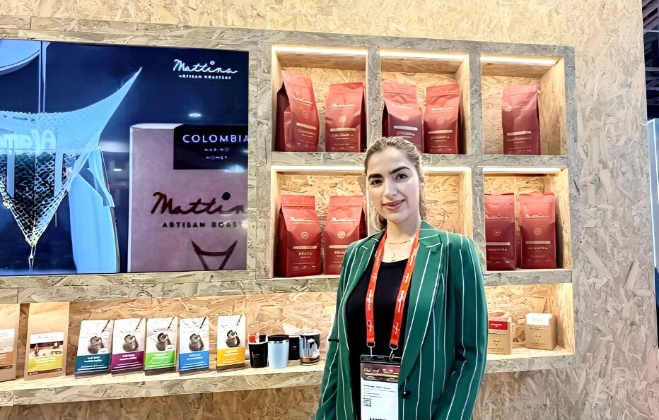 Maryam Tabatabaei showcasing Gulfood Coffee Trends 2026 at the Mattina Coffee exhibition booth.