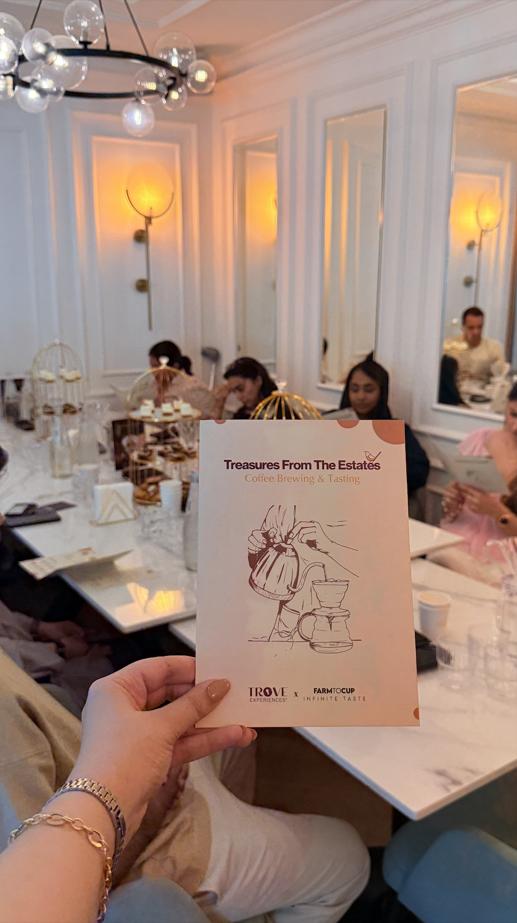 Treasures From The Estates coffee brewing and tasting workshop programme card, hosted by Trove Experiences and Farm to Cup