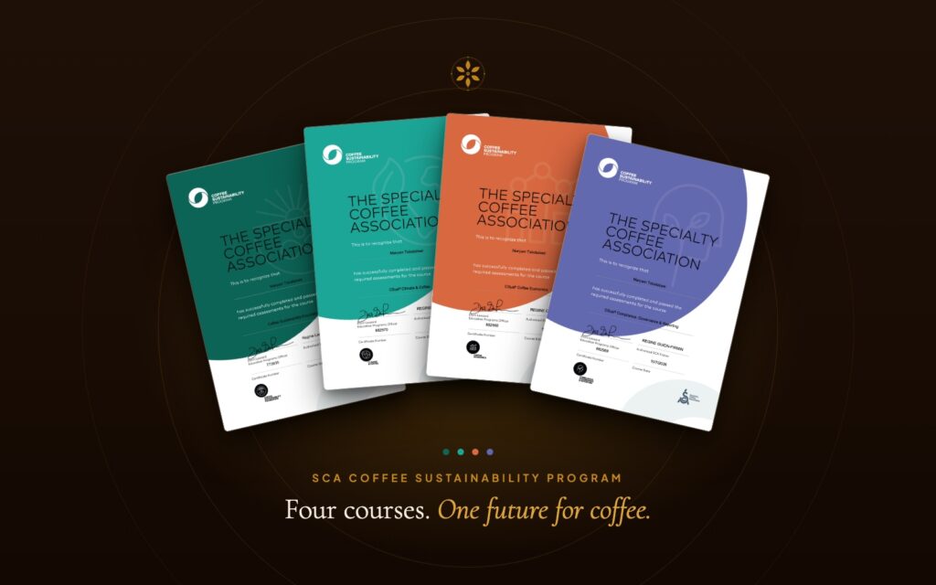 Maryam Tabatabaei’s four SCA Coffee Sustainability Program certificates: Foundation, Climate & Coffee, Coffee Economics, and Compliance, Governance & Reporting
