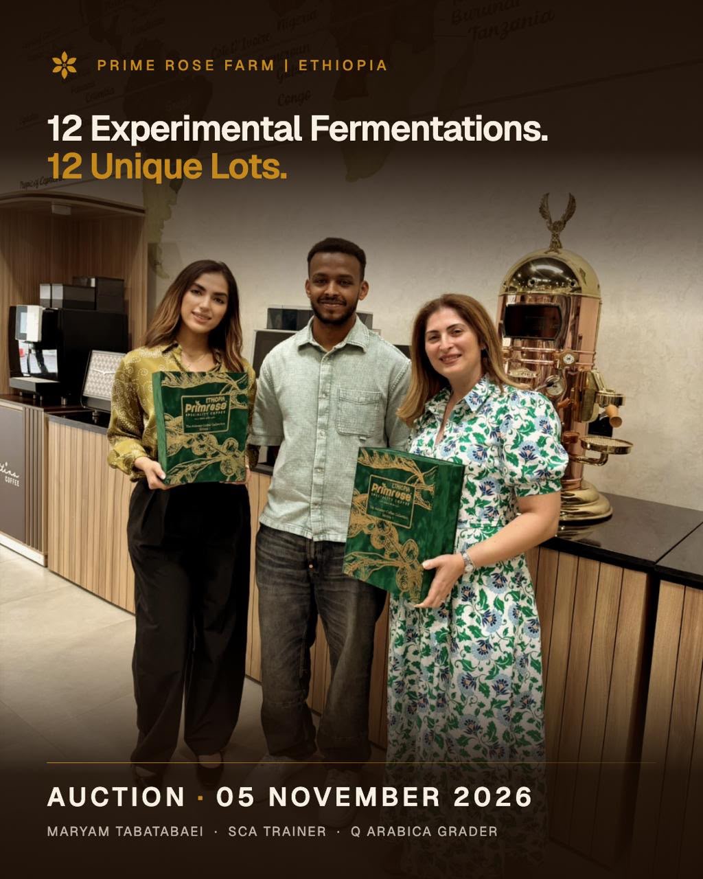 Prime Rose Farm Ethiopia auction announcement: 12 experimental fermentations, 12 unique lots, 5 November 2026, with Maryam Tabatabaei, SCA Trainer and Q Arabica Grader